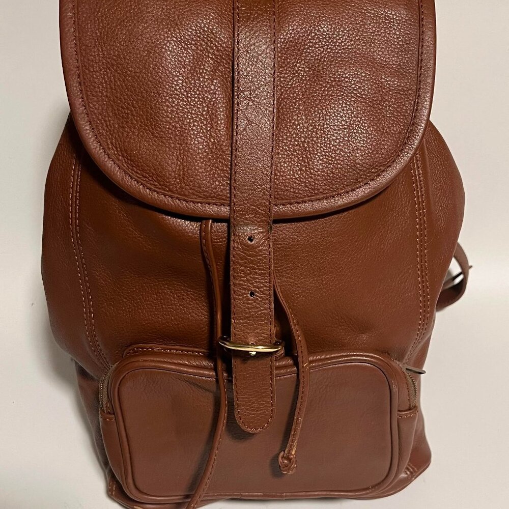 Drawstring backpack in American Tan large main chamber and front Phone pocket.